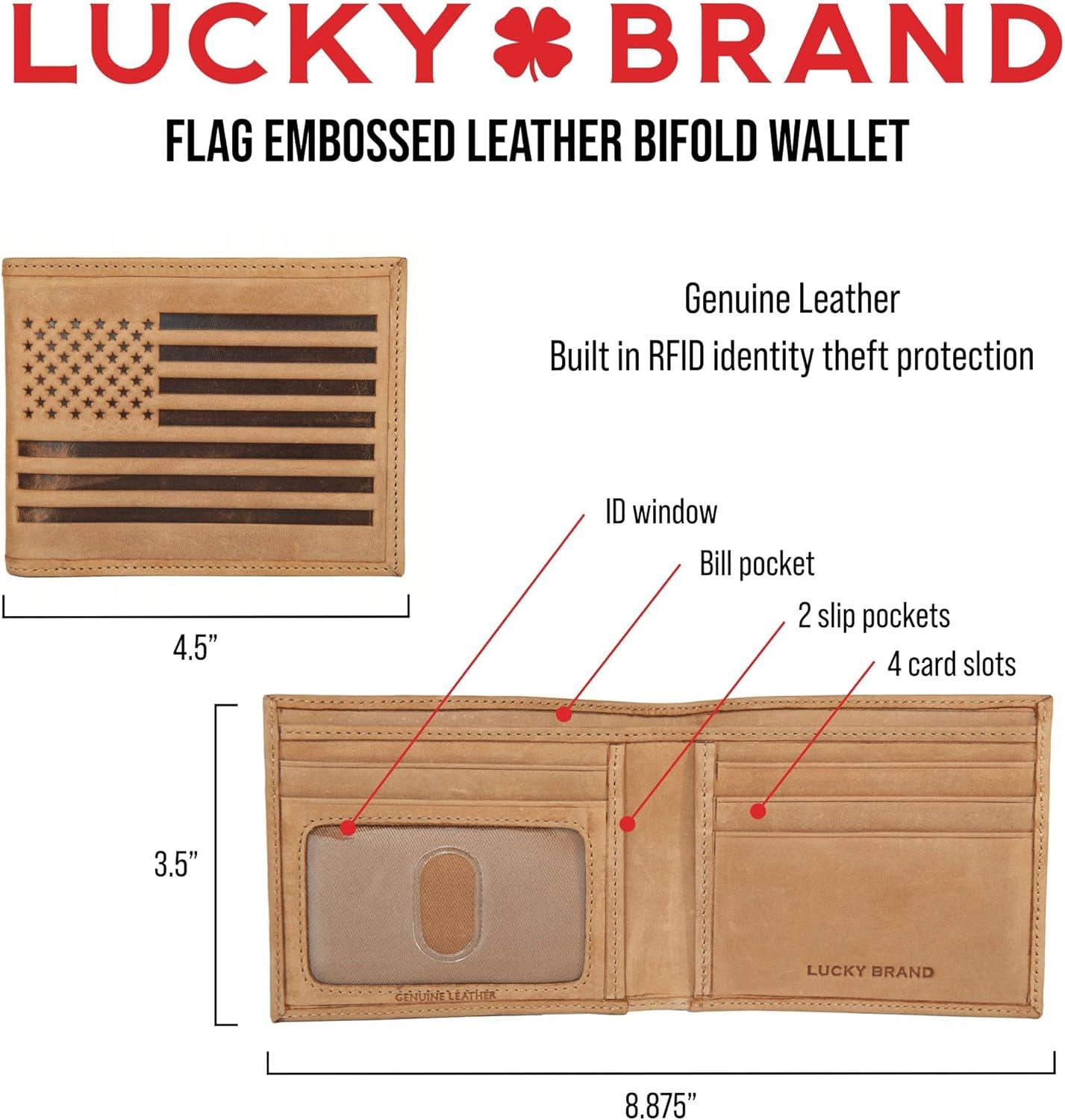 imageLucky Brand Mens Bifold Wallet ID Window Card Slots Genuine Leather Organization Durable StylishFlag Embossed Leather Tan