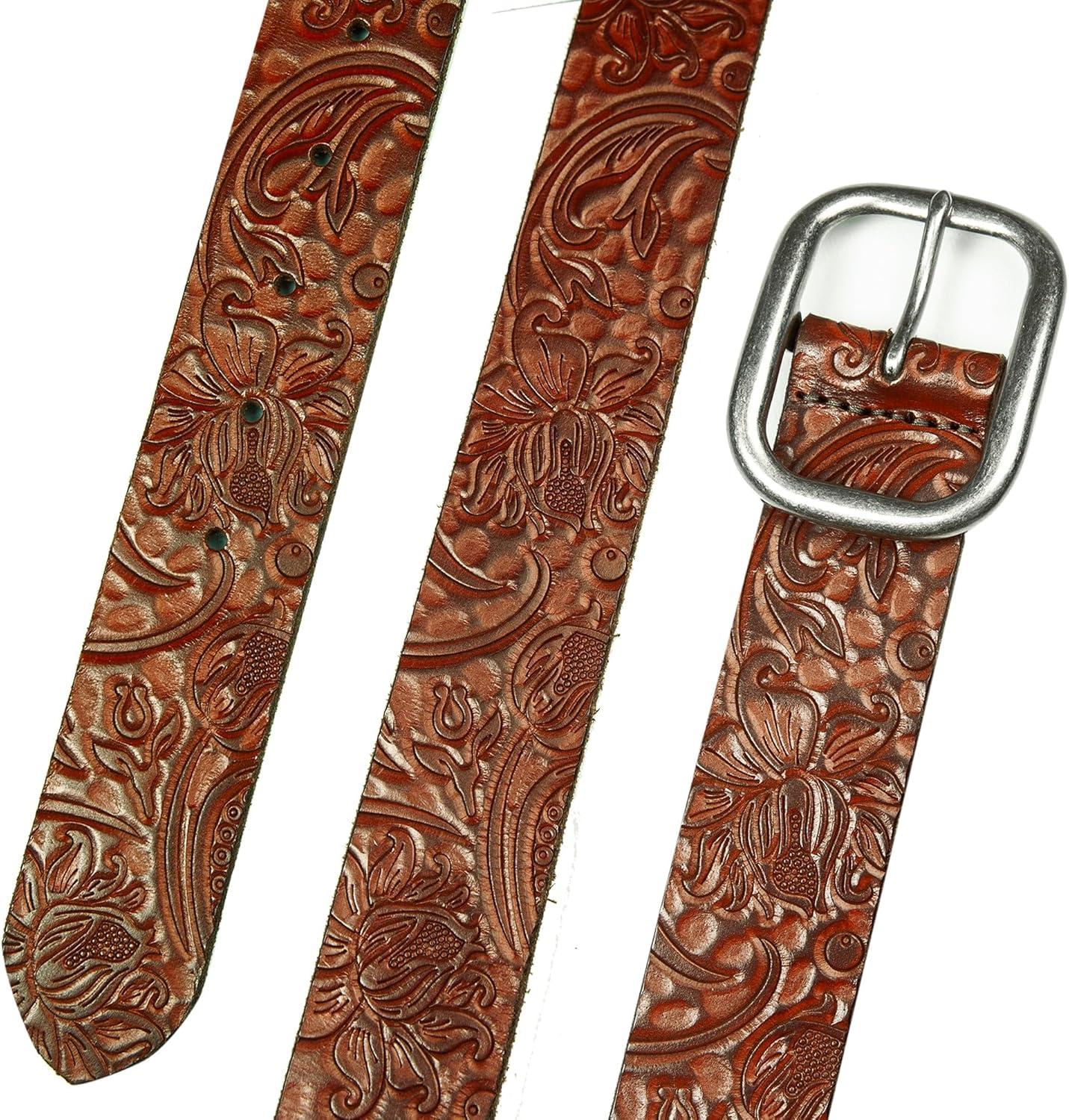 imageLucky Brand Womens Embroidered Leather Belt Stylish Classic WesternInspired American Heritage Jean PantFloral Debossed Tan