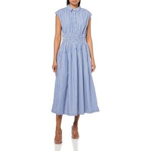 Solid Smocked Dropped Waist MIDI Dress(Blue Stripe)