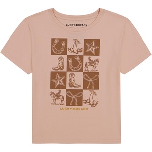Lucky Brand Girl’s Short Sleeve Graphic T-Shirt, Tagless Cotton Tee with Fun Designs(Checkered Peach Whip)