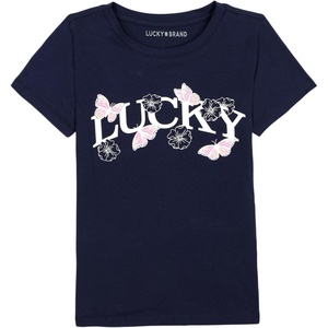 Lucky Brand Girl’s Short Sleeve Graphic T-Shirt, Tagless Cotton Tee with Fun Designs(Navy Butterfly Logo)