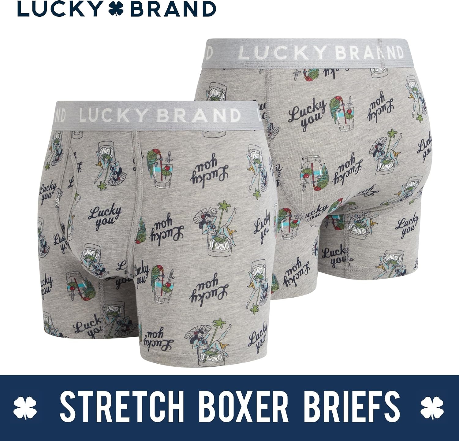 image:imageLucky Brand Mens Boxer Briefs 3 Pack Soft Stretch Cotton Boxers 6 InseamIndigoGrey Heather PrintTibetan Red