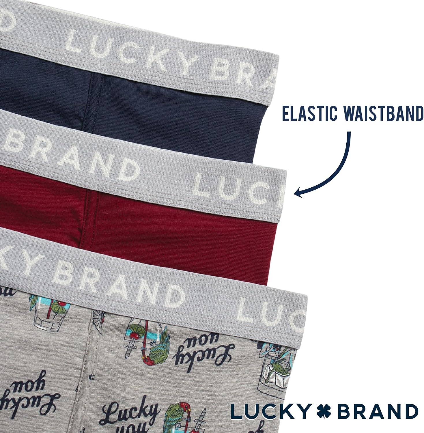 image:imageLucky Brand Mens Boxer Briefs 3 Pack Soft Stretch Cotton Boxers 6 InseamIndigoGrey Heather PrintTibetan Red