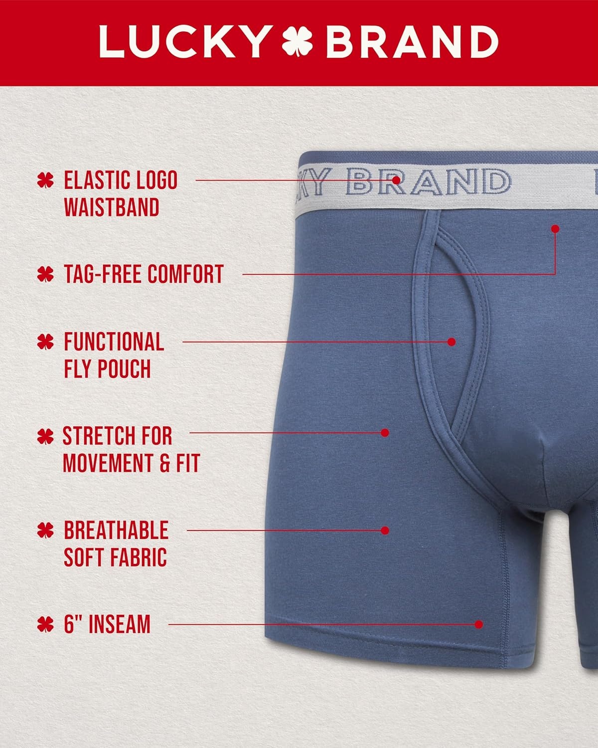 image:imageLucky Brand Mens Boxer Briefs 3 Pack Soft Stretch Cotton Boxers 6 InseamJet BlackCharcoal Heather Grey PrintVintage Indigo