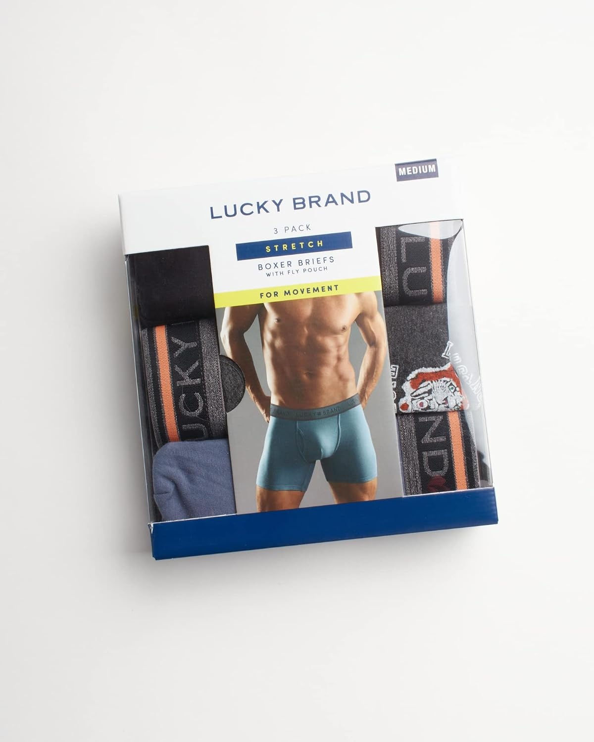 image:imageLucky Brand Mens Boxer Briefs 3 Pack Soft Stretch Cotton Boxers 6 InseamJet BlackCharcoal Heather Grey PrintVintage Indigo