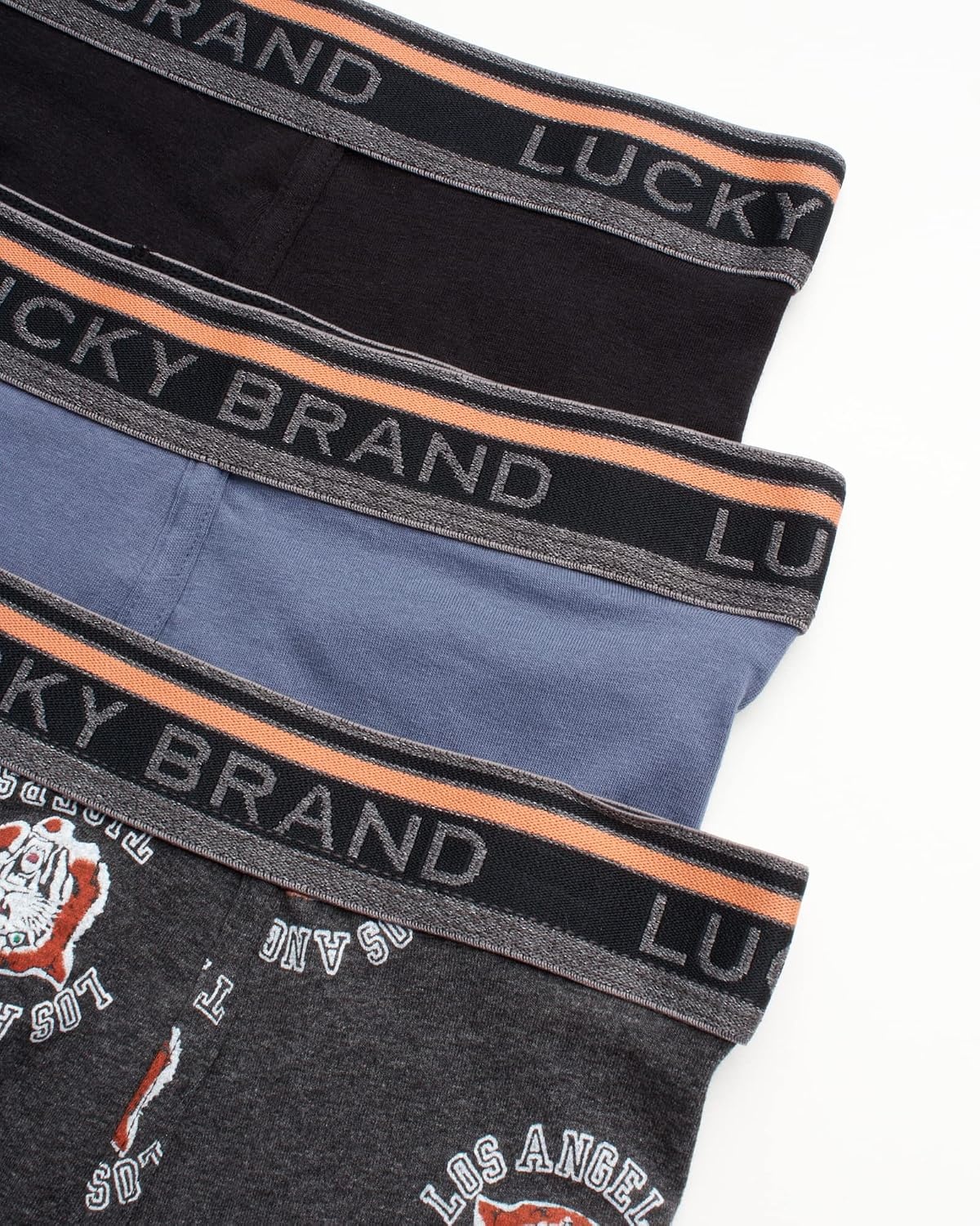 image:imageLucky Brand Mens Boxer Briefs 3 Pack Soft Stretch Cotton Boxers 6 InseamJet BlackCharcoal Heather Grey PrintVintage Indigo