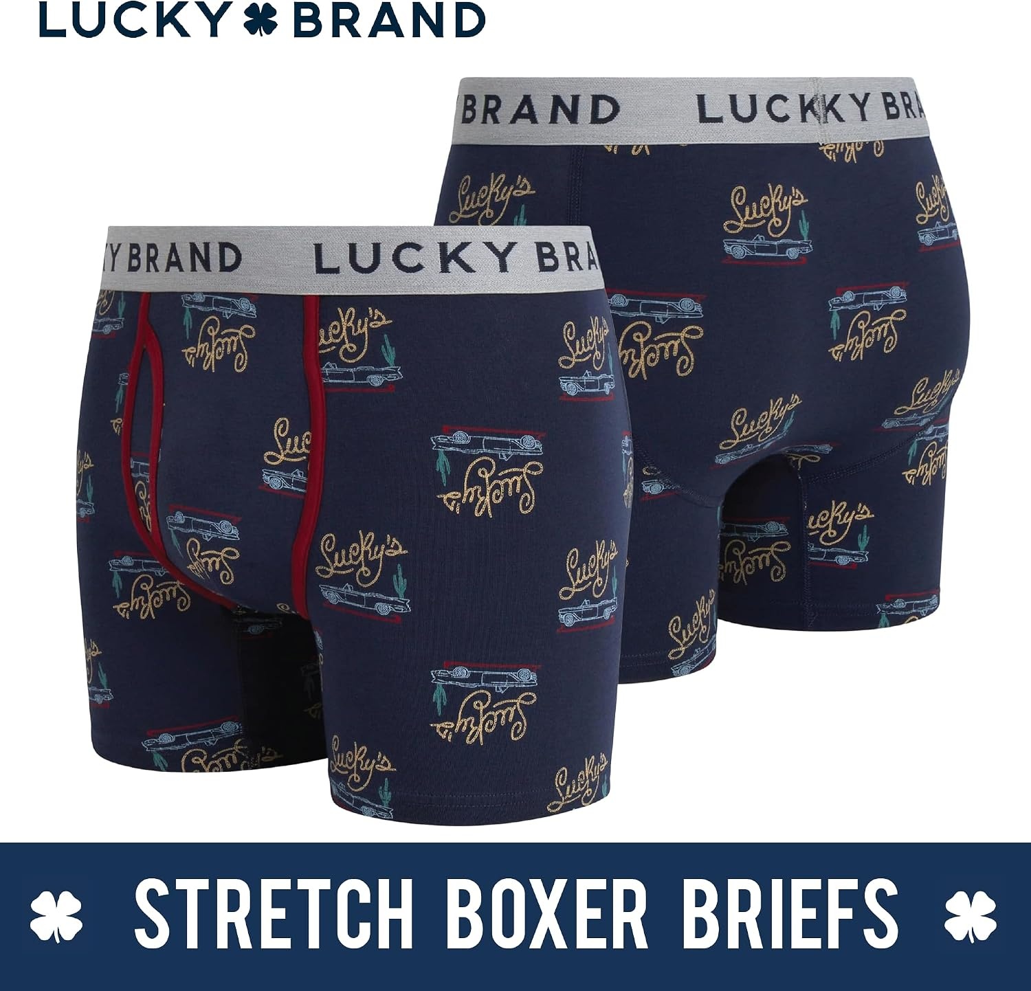 image:imageLucky Brand Mens Boxer Briefs 3 Pack Soft Stretch Cotton Boxers 6 InseamLight Grey HeatherMood Indigo PrintTibetan Red