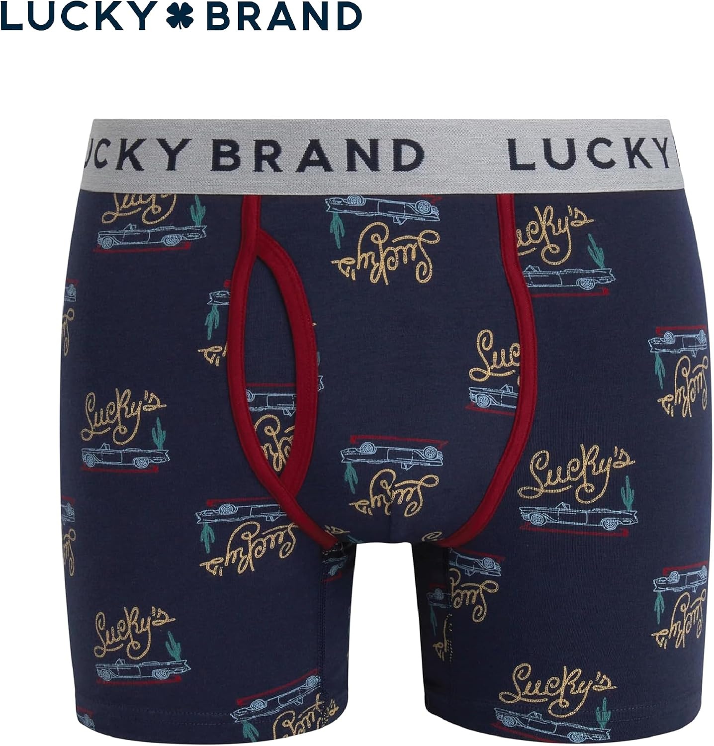 image:imageLucky Brand Mens Boxer Briefs 3 Pack Soft Stretch Cotton Boxers 6 InseamLight Grey HeatherMood Indigo PrintTibetan Red