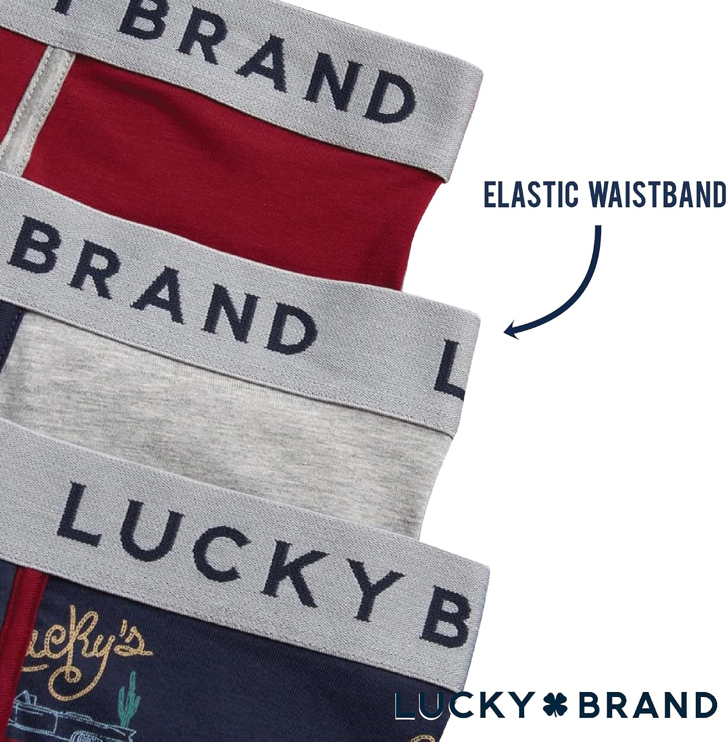 image:imageLucky Brand Mens Boxer Briefs 3 Pack Soft Stretch Cotton Boxers 6 InseamLight Grey HeatherMood Indigo PrintTibetan Red