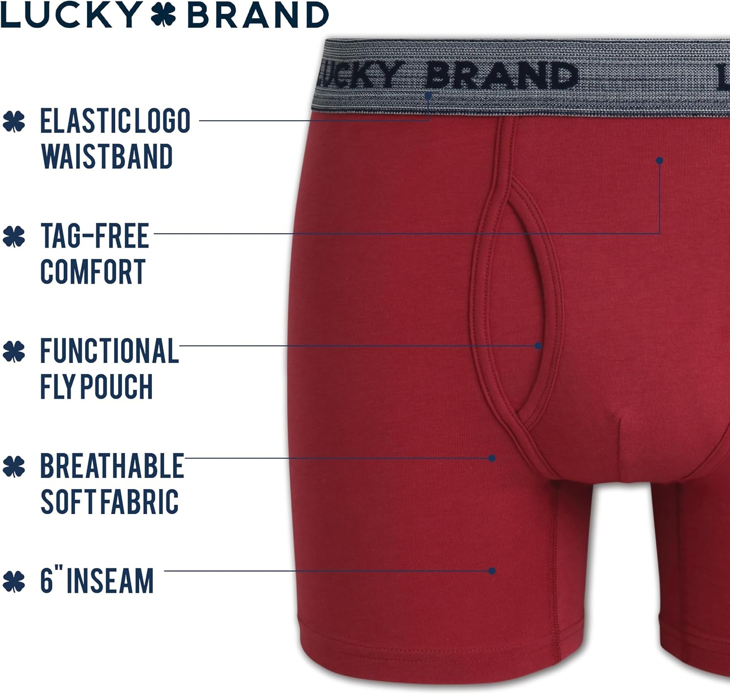 image:imageLucky Brand Mens Boxer Briefs Cotton Boxers with Fly 6 Pack 6 InseamEarth RedIndigoVintage Indigo