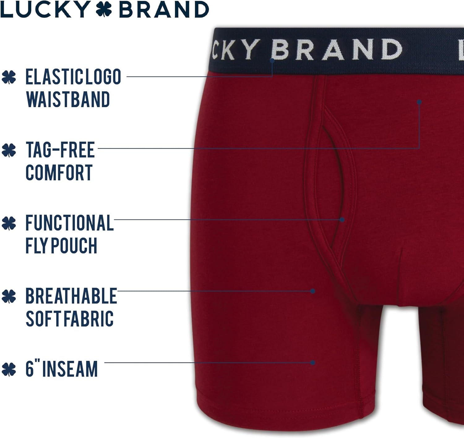 image:imageLucky Brand Mens Boxer Briefs Cotton Boxers with Fly 6 Pack 6 InseamMood IndigoGrey Heather PrintTibetan Red
