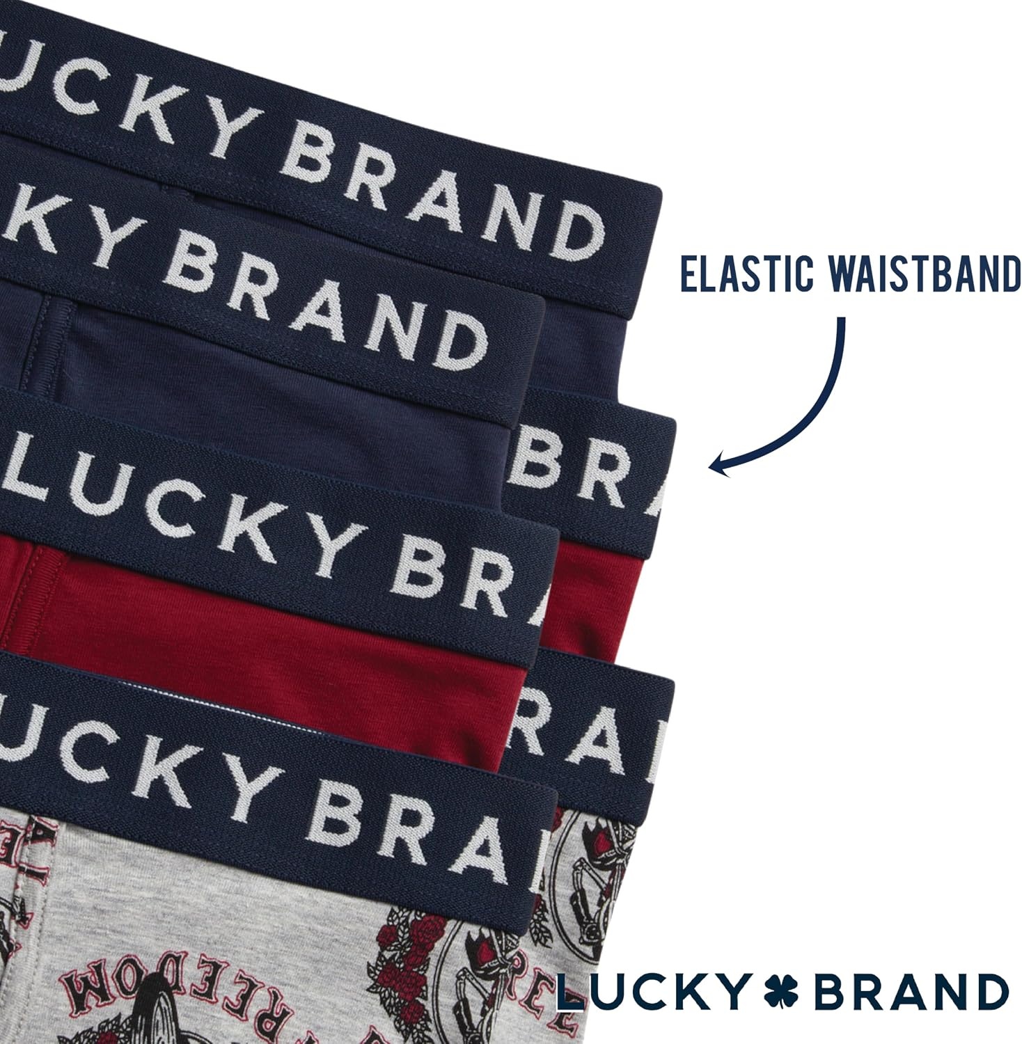 image:imageLucky Brand Mens Boxer Briefs Cotton Boxers with Fly 6 Pack 6 InseamMood IndigoGrey Heather PrintTibetan Red