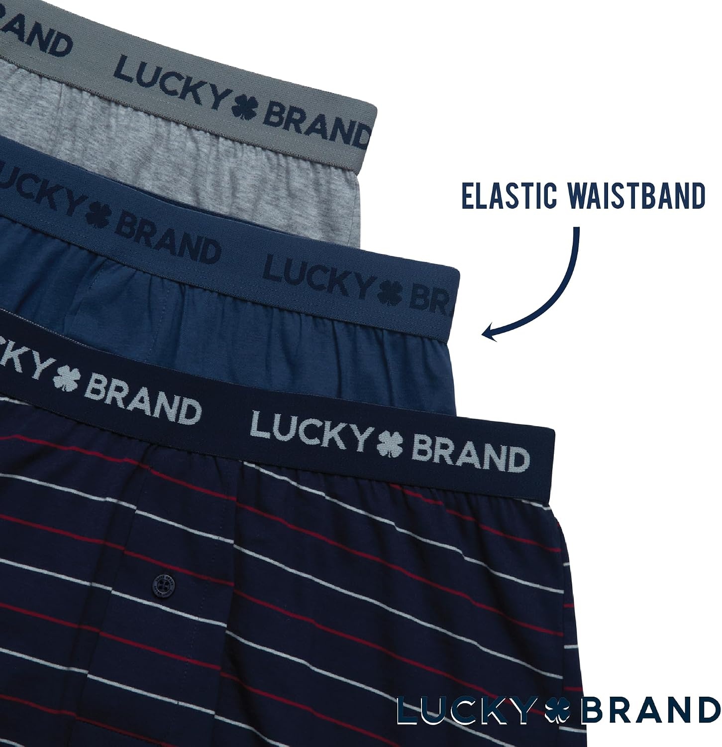 image:imageLucky Brand Mens Boxers 3 Pack Breathable Knit Shorts Fly 4 14 InseamBlueStripesLight Grey Heather