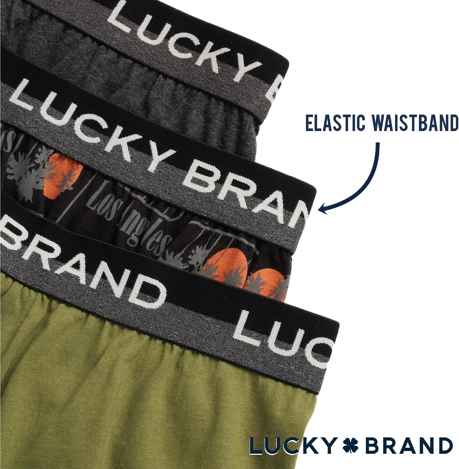 image:imageLucky Brand Mens Boxers 3 Pack Breathable Knit Shorts Fly 4 14 InseamCharcoalBlack PrintDark Green