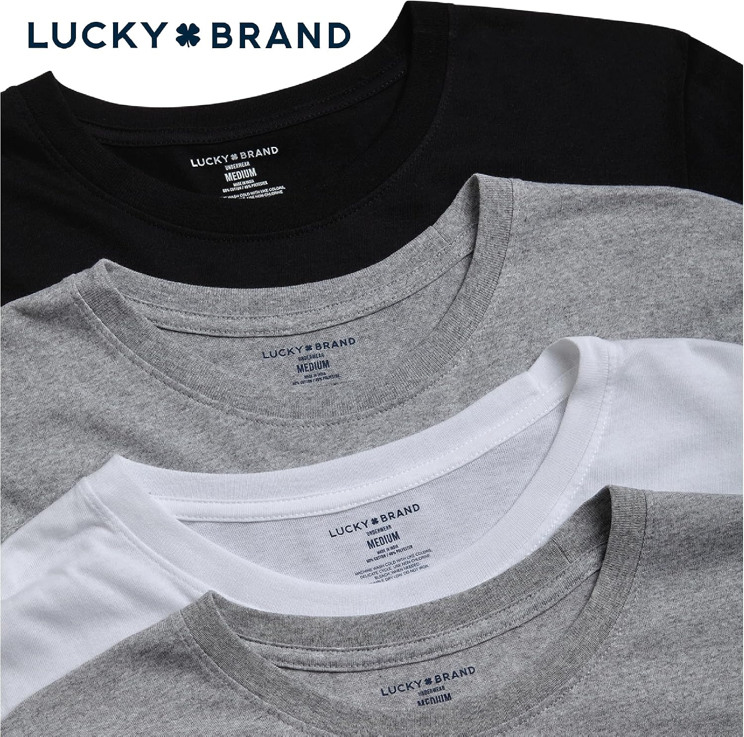 image:imageLucky Brand Mens TShirts 4 Pack Cotton Crewneck amp VNeck UndershirtsWhiteJet BlackHeather Grey Crew