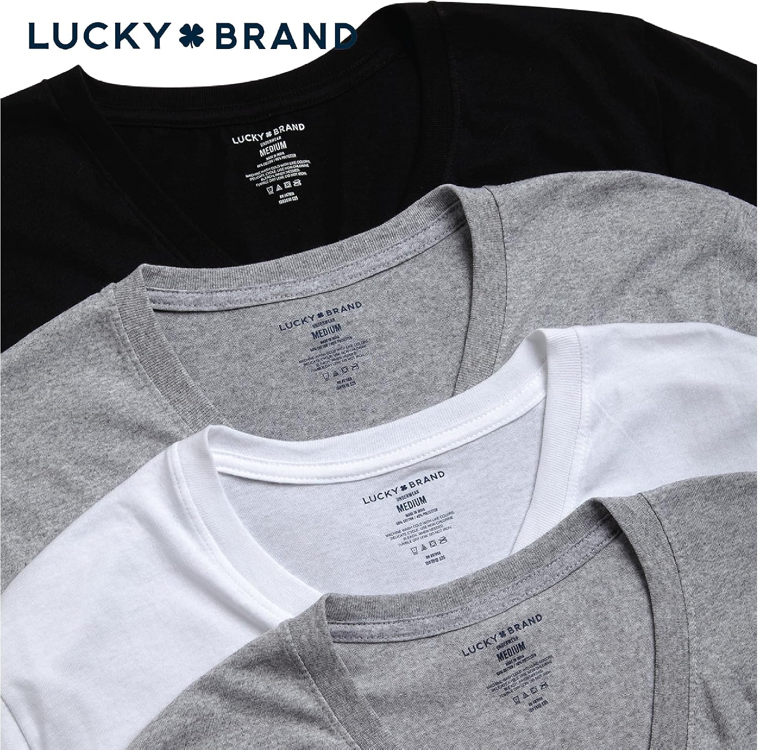 image:imageLucky Brand Mens TShirts 4 Pack Cotton Crewneck amp VNeck UndershirtsWhiteJet BlackHeather Grey Vneck