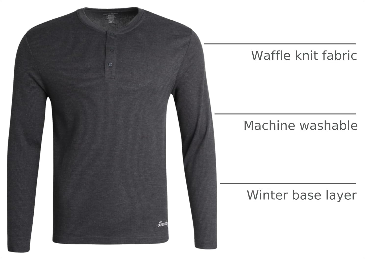 image:imageLucky Brand Mens Thermal Long Sleeve Waffle Henley Shirt Pajama SleepwearCharcoal Heather Grey