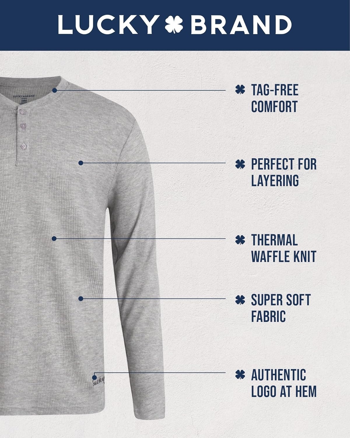image:imageLucky Brand Mens Thermal Long Sleeve Waffle Henley Shirt Pajama SleepwearCharcoal Heather Grey