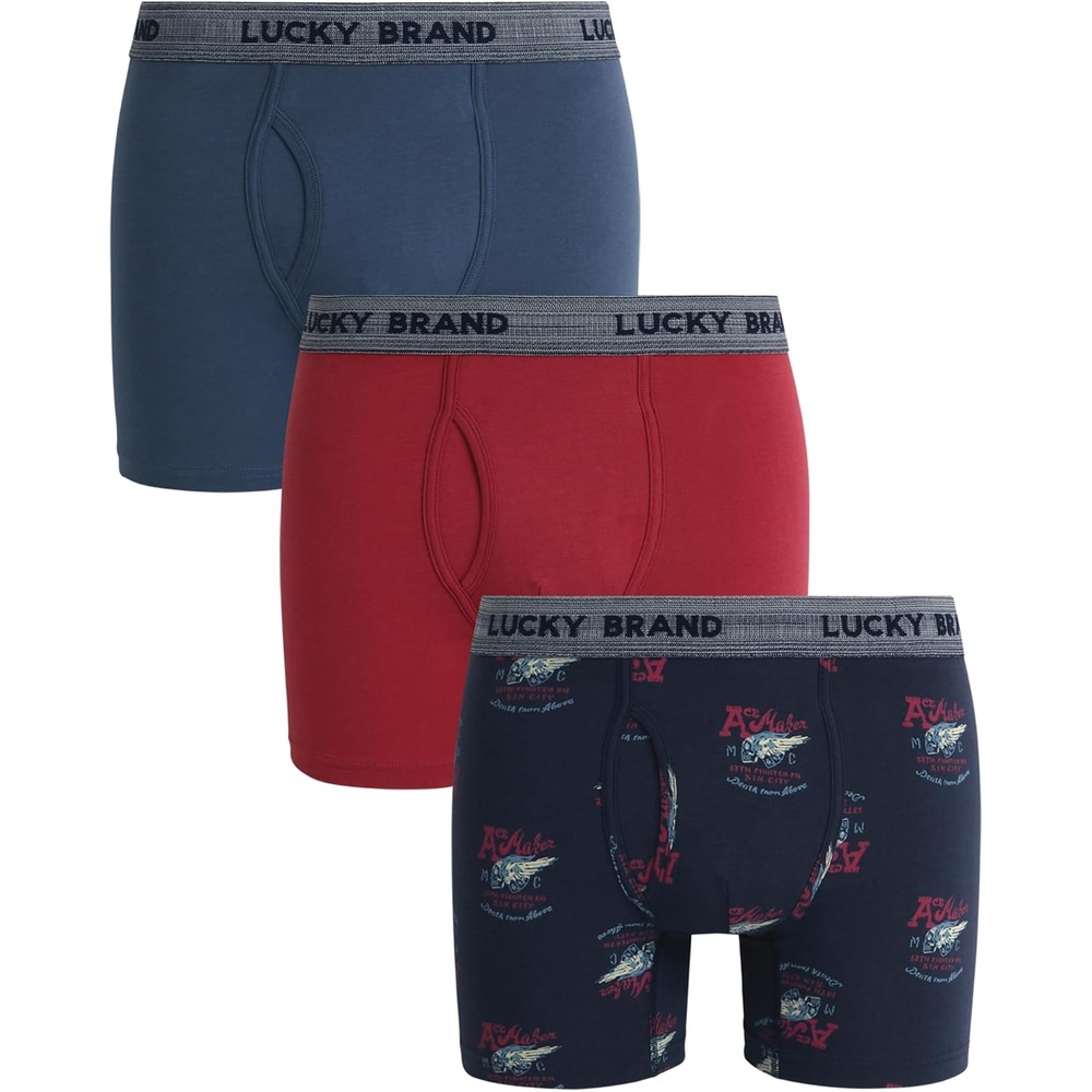 image:imageLucky Brand Mens Boxer Briefs 3 Pack Soft Stretch Cotton Boxers 6 InseamEarth RedIndigoVintage Indigo