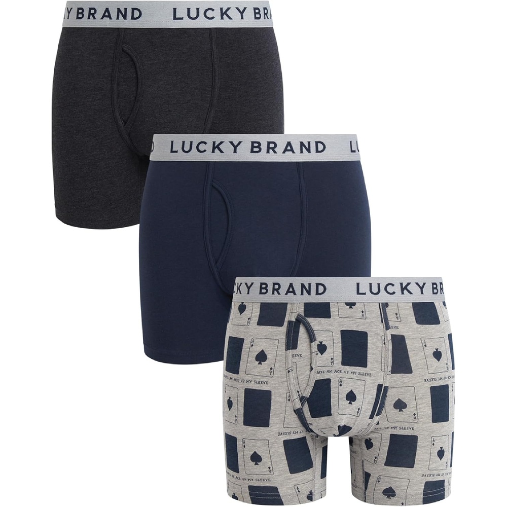 image:imageLucky Brand Mens Boxer Briefs 3 Pack Soft Stretch Cotton Boxers 6 InseamGrey HeatherGrey PrintMood Indigo