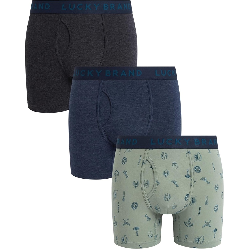 image:imageLucky Brand Mens Boxer Briefs 3 Pack Soft Stretch Cotton Boxers 6 InseamIndigoLight GreenCharcoal Grey