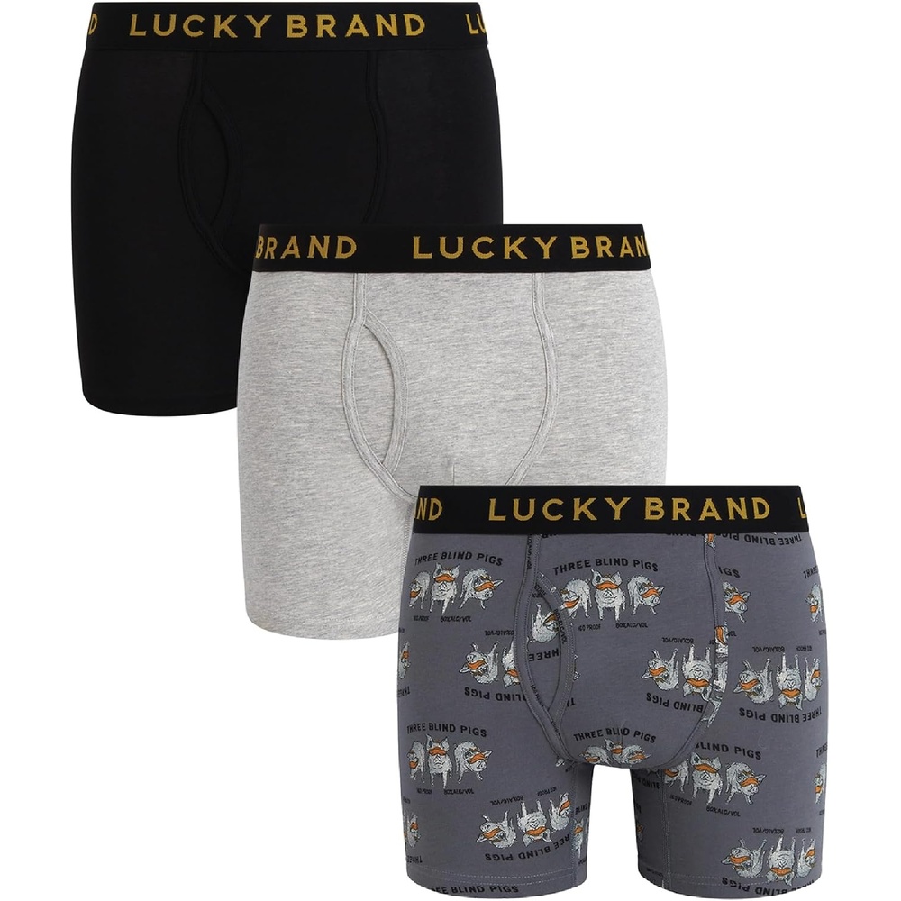 image:imageLucky Brand Mens Boxer Briefs 3 Pack Soft Stretch Cotton Boxers 6 InseamJet BlackStormy Weather PrintGrey Heather