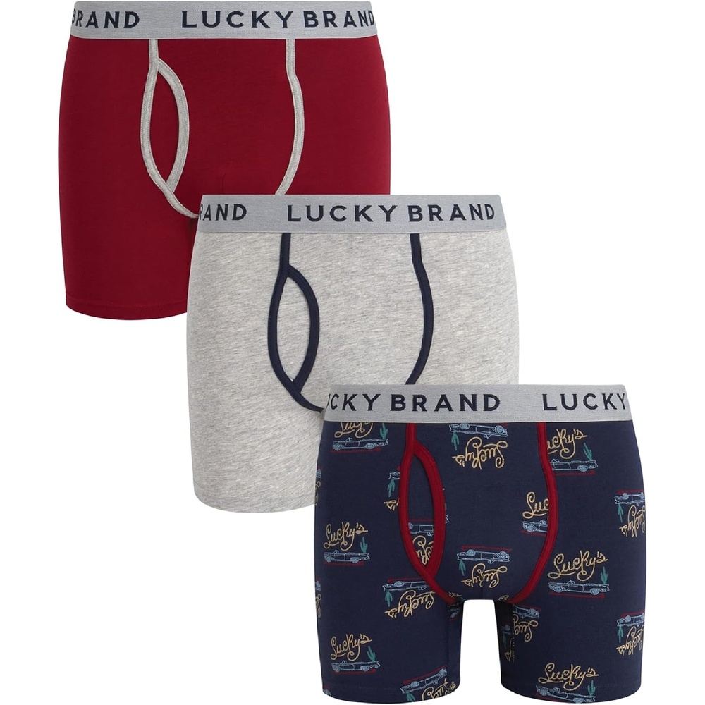 image:imageLucky Brand Mens Boxer Briefs 3 Pack Soft Stretch Cotton Boxers 6 InseamLight Grey HeatherMood Indigo PrintTibetan Red