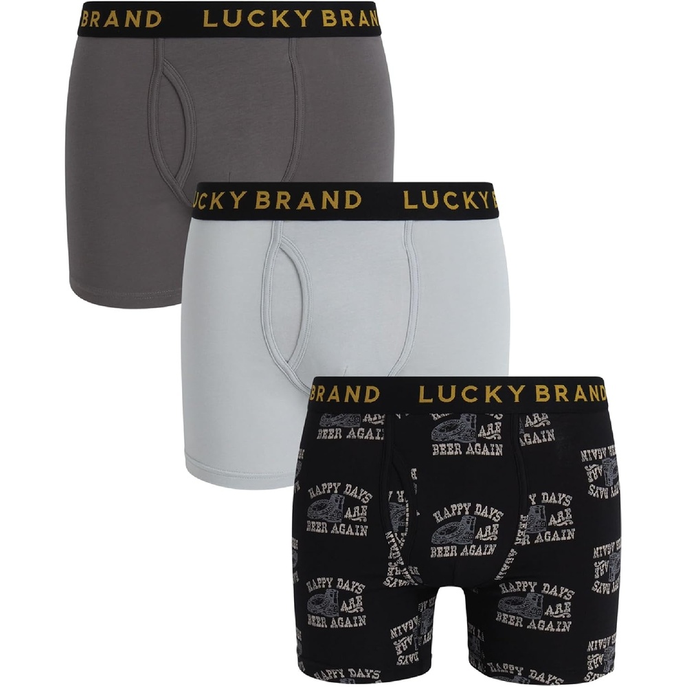 image:imageLucky Brand Mens Boxer Briefs 3 Pack Soft Stretch Cotton Boxers 6 InseamMedium GreyJet Black PrintLight Grey