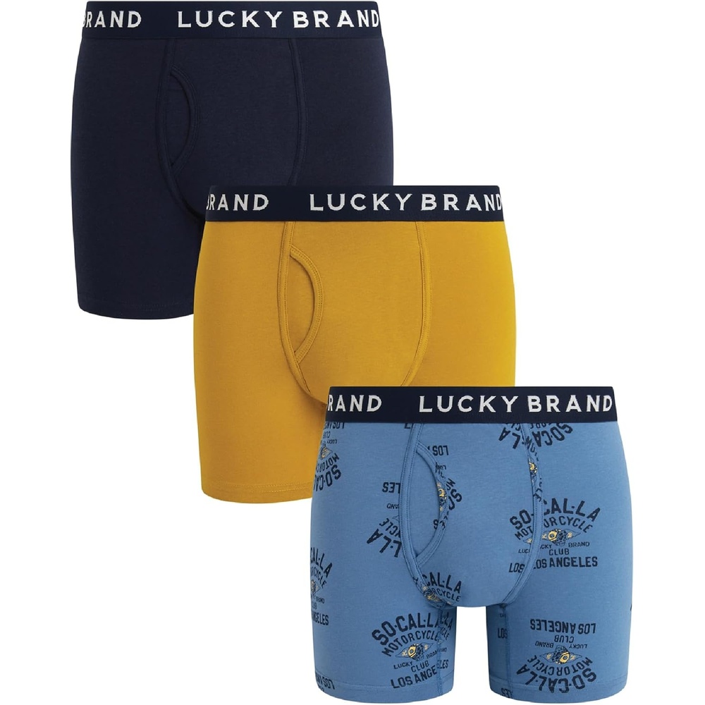 image:imageLucky Brand Mens Boxer Briefs 3 Pack Soft Stretch Cotton Boxers 6 InseamShadow BlackBlue PrintGolden Olive