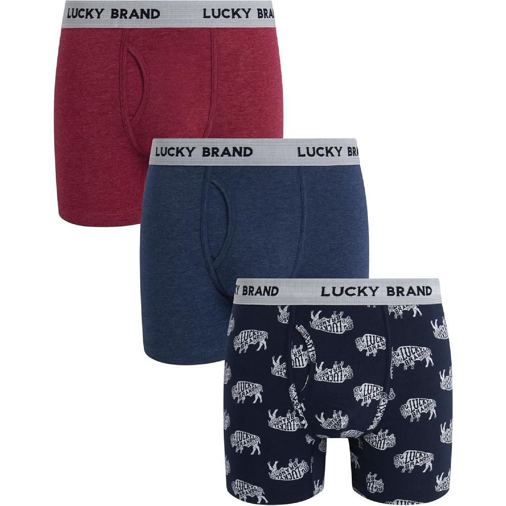 image:imageLucky Brand Mens Boxer Briefs 3 Pack Underwear Boxers with Fly 6 InseamIndigo HeatherShadow BlackTibetan Red
