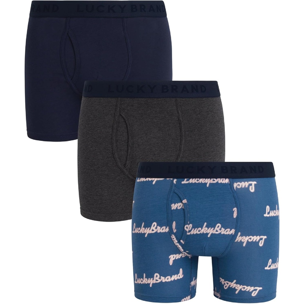 image:imageLucky Brand Mens Boxer Briefs 3 Pack Underwear Boxers with Fly 6 InseamMood IndigoVintage Indigo PrintCharcoal Grey Heather