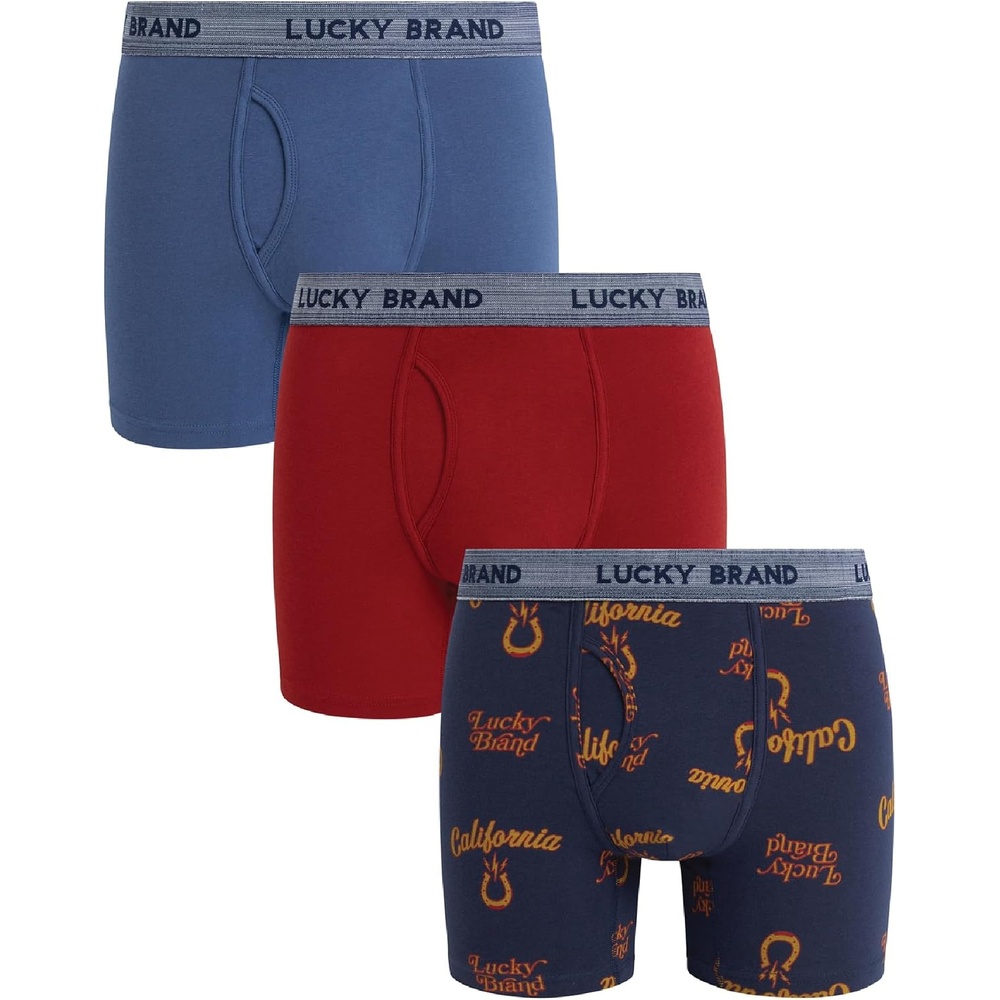 image:imageLucky Brand Mens Boxer Briefs 3 Pack Underwear Boxers with Fly 6 InseamRed OchreIndigo PrintVintage Indigo