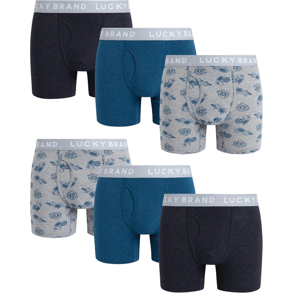 image:imageLucky Brand Mens Boxer Briefs Cotton Boxers with Fly 6 Pack 6 InseamBlue HeatherGrey HeatherCharcoal Heather