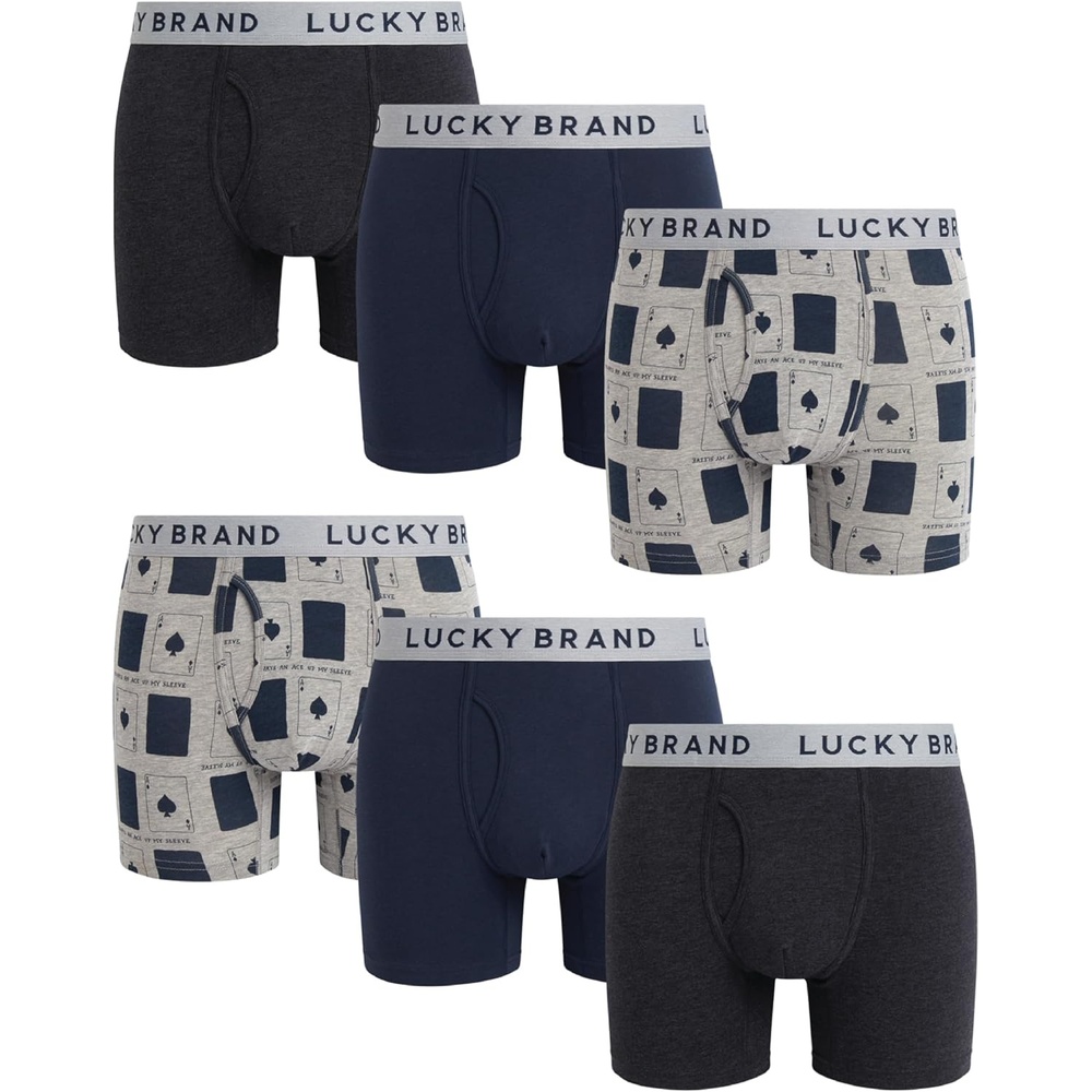 image:imageLucky Brand Mens Boxer Briefs Cotton Boxers with Fly 6 Pack 6 InseamGrey HeatherGrey PrintMood Indigo