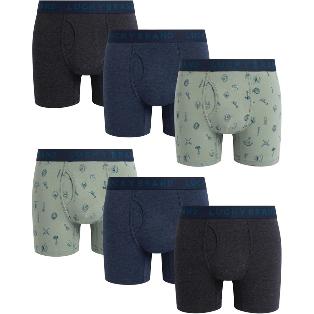 image:imageLucky Brand Mens Boxer Briefs Cotton Boxers with Fly 6 Pack 6 InseamIndigoLight GreenCharcoal Grey