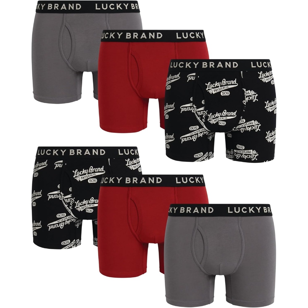 image:imageLucky Brand Mens Boxer Briefs Cotton Boxers with Fly 6 Pack 6 InseamMedium GreyJet Black PrintRed Ochre