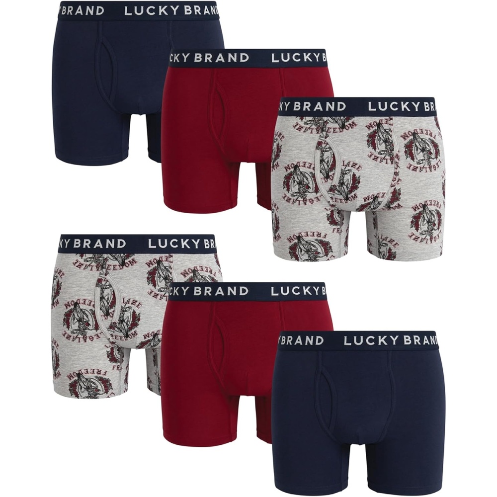 image:imageLucky Brand Mens Boxer Briefs Cotton Boxers with Fly 6 Pack 6 InseamMood IndigoGrey Heather PrintTibetan Red