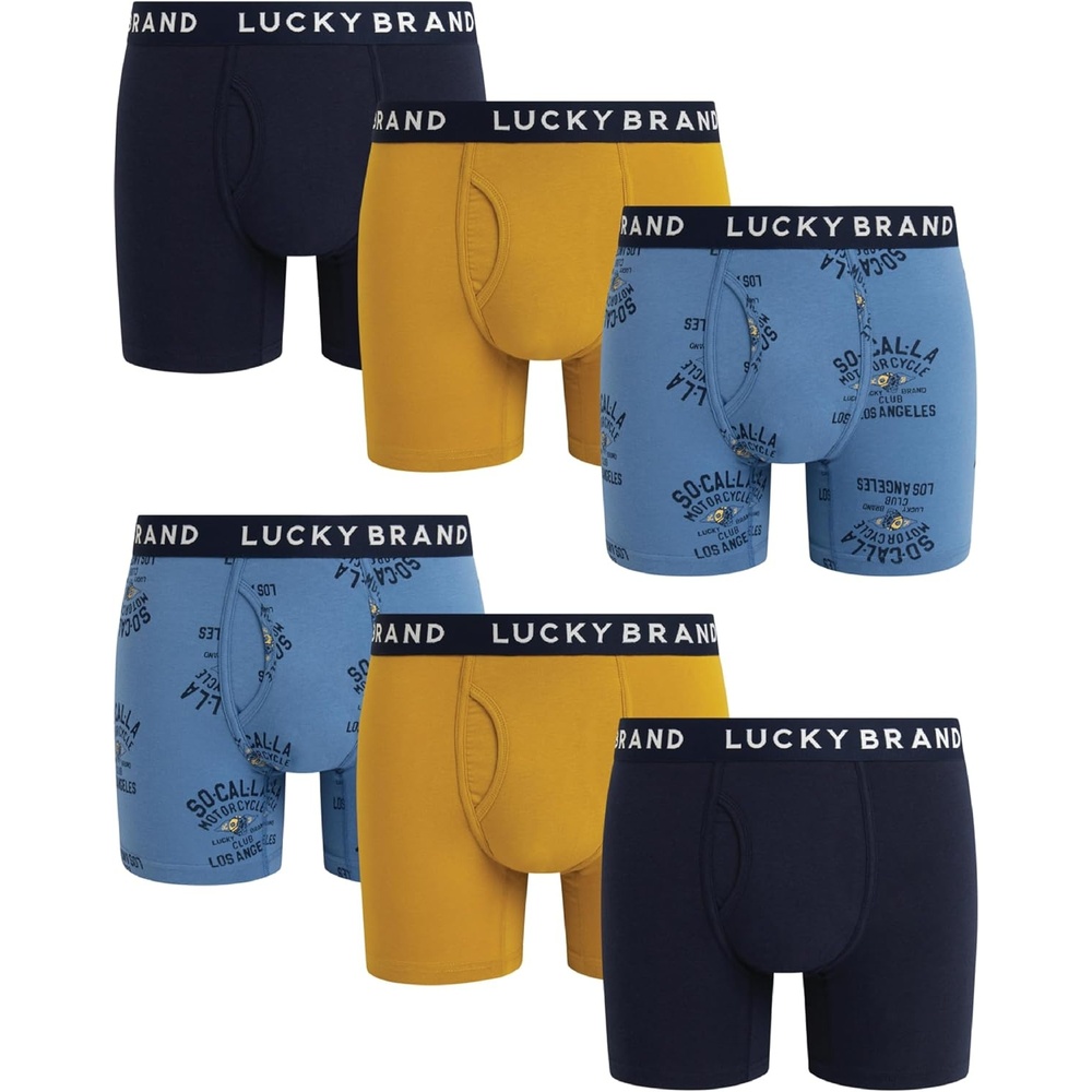 image:imageLucky Brand Mens Boxer Briefs Cotton Boxers with Fly 6 Pack 6 InseamShadow BlackBlue PrintGolden Olive