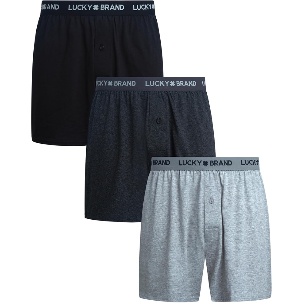 image:imageLucky Brand Mens Boxers 3 Pack Breathable Knit Shorts Fly 4 14 InseamBlackLight GreyCharcoal Heather
