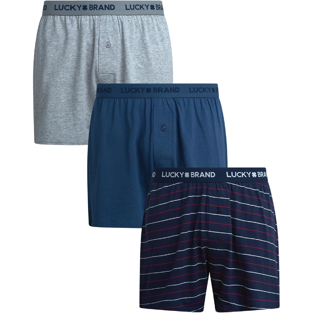 image:imageLucky Brand Mens Boxers 3 Pack Breathable Knit Shorts Fly 4 14 InseamBlueStripesLight Grey Heather