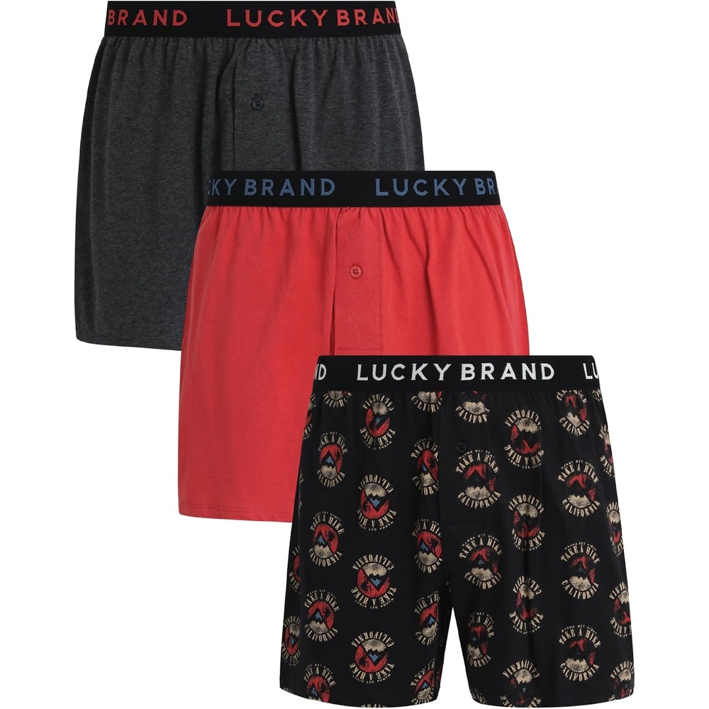image:imageLucky Brand Mens Boxers 3 Pack Breathable Knit Shorts Fly 4 14 InseamCharcoal GreyHeatherjet Black PrintMineral Red