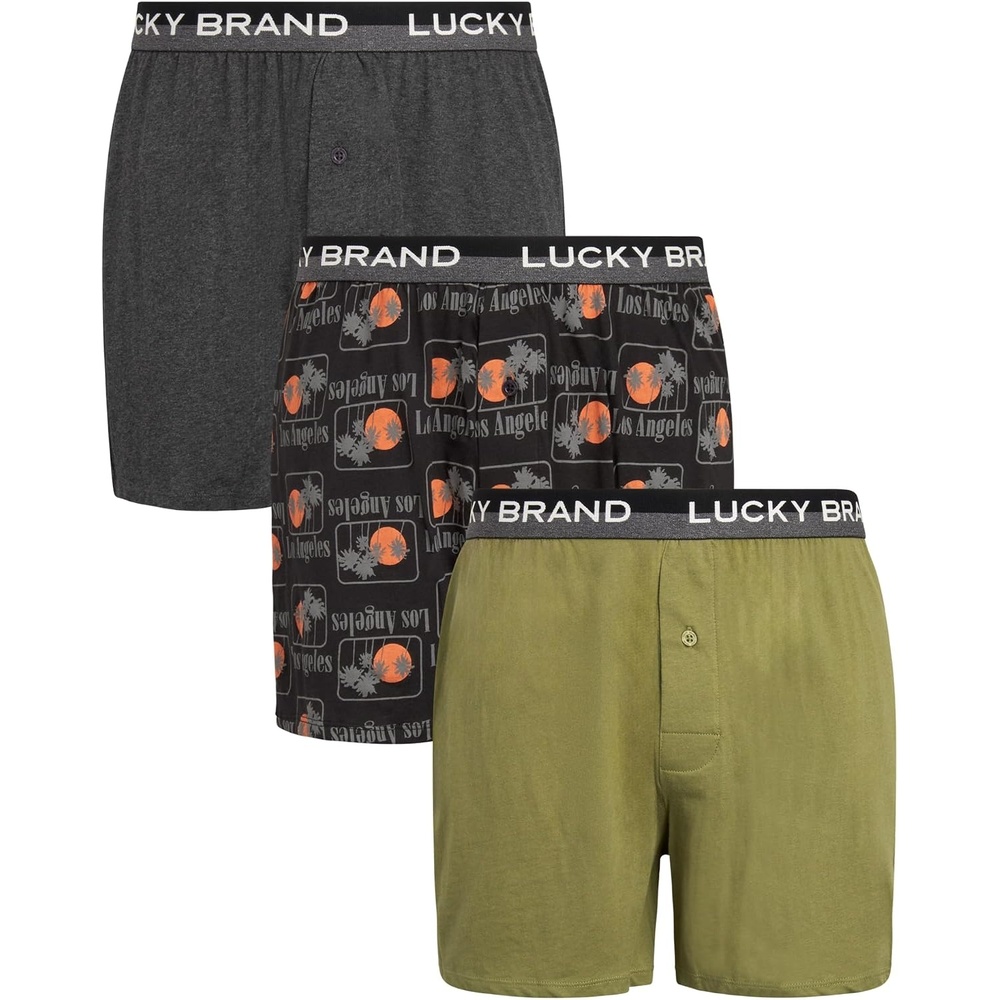 image:imageLucky Brand Mens Boxers 3 Pack Breathable Knit Shorts Fly 4 14 InseamCharcoalBlack PrintDark Green
