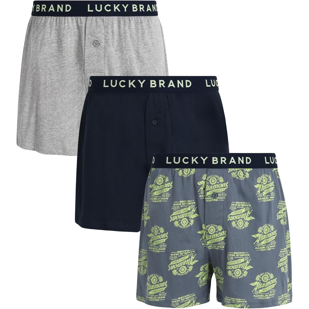 image:imageLucky Brand Mens Boxers 3 Pack Breathable Knit Shorts Fly 4 14 InseamDark GreyStormy Weather PrintLight Grey Heather