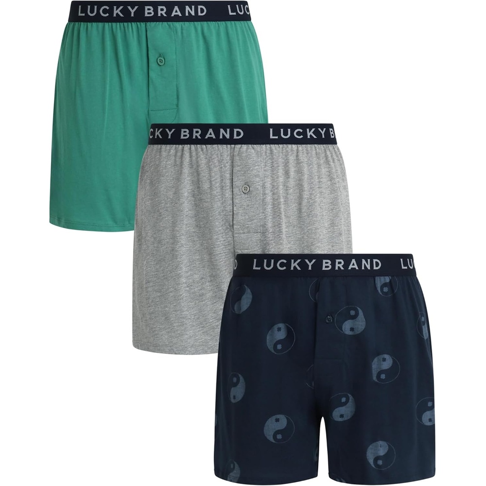 image:imageLucky Brand Mens Boxers 3 Pack Breathable Knit Shorts Fly 4 14 InseamHeather GreyPrintBottle Green