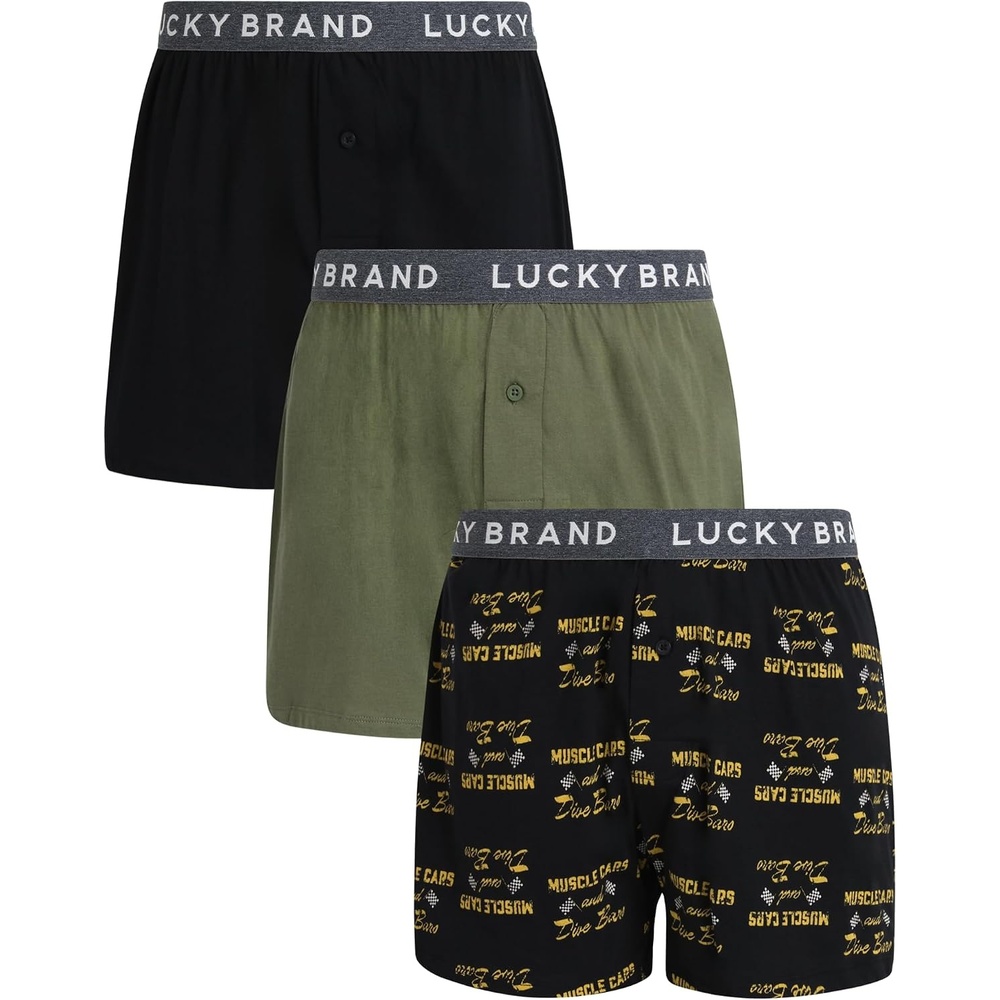 image:imageLucky Brand Mens Boxers 3 Pack Breathable Knit Shorts Fly 4 14 InseamJet BlackJet Black PrintGreen