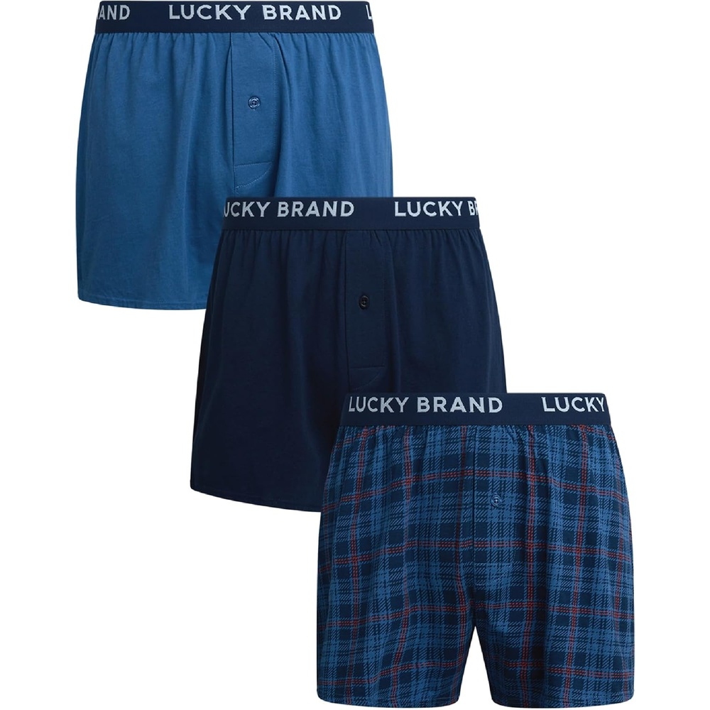 image:imageLucky Brand Mens Boxers 3 Pack Breathable Knit Shorts Fly 4 14 InseamMood IndigoPlaidBlue