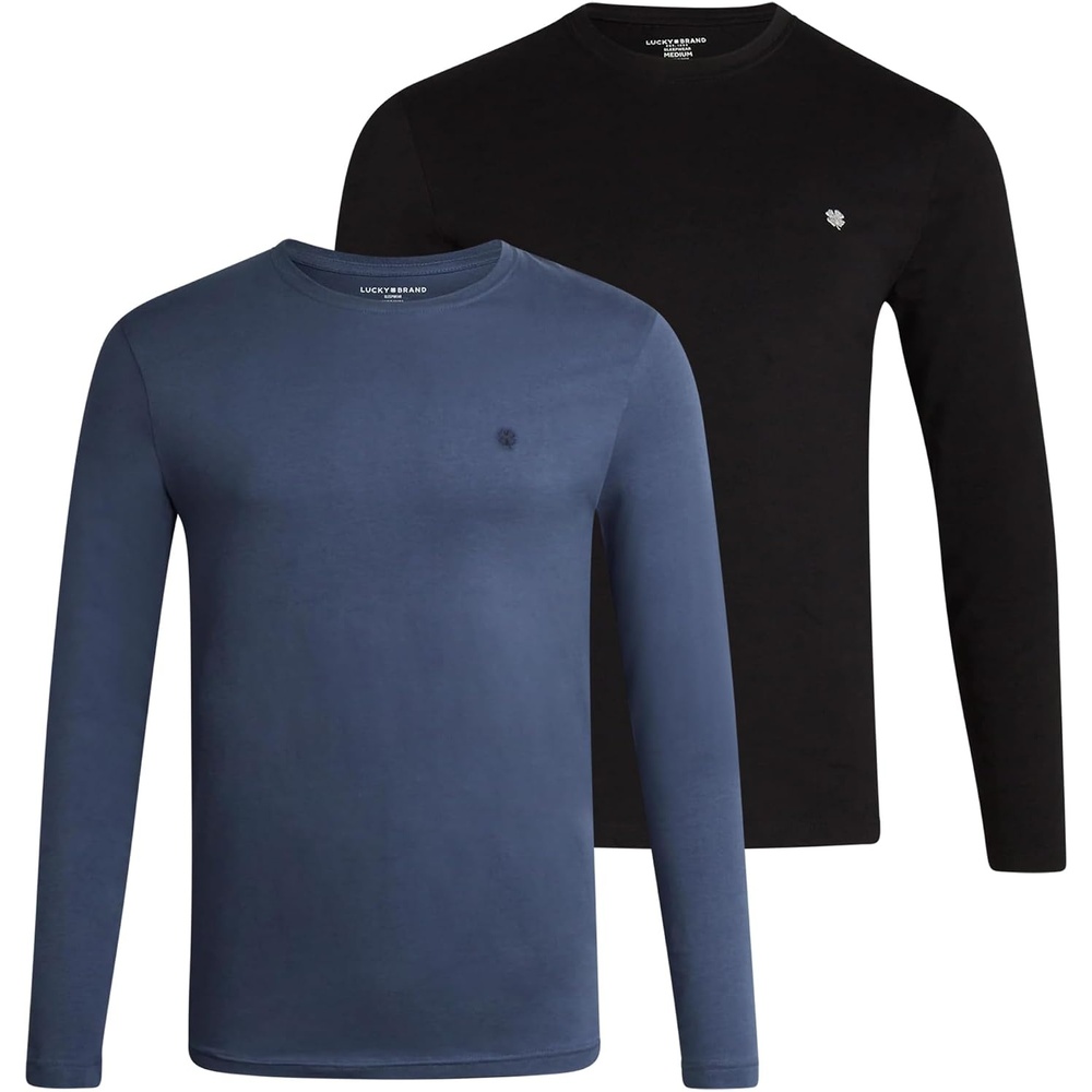 image:imageLucky Brand Mens Sleep Shirt 2 Pack Soft Cotton Long Sleeve Crewneck TeeJet BlackVintage Indigo