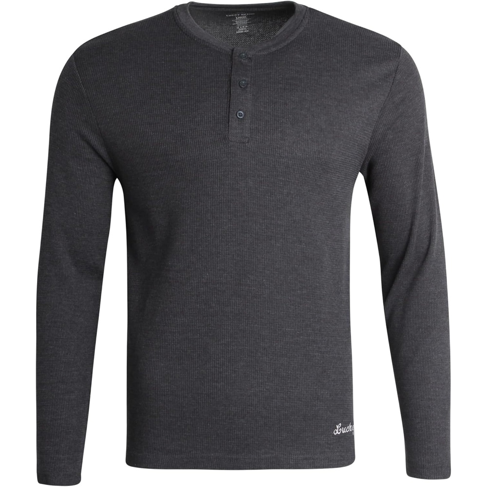 image:imageLucky Brand Mens Thermal Long Sleeve Waffle Henley Shirt Pajama SleepwearCharcoal Heather Grey
