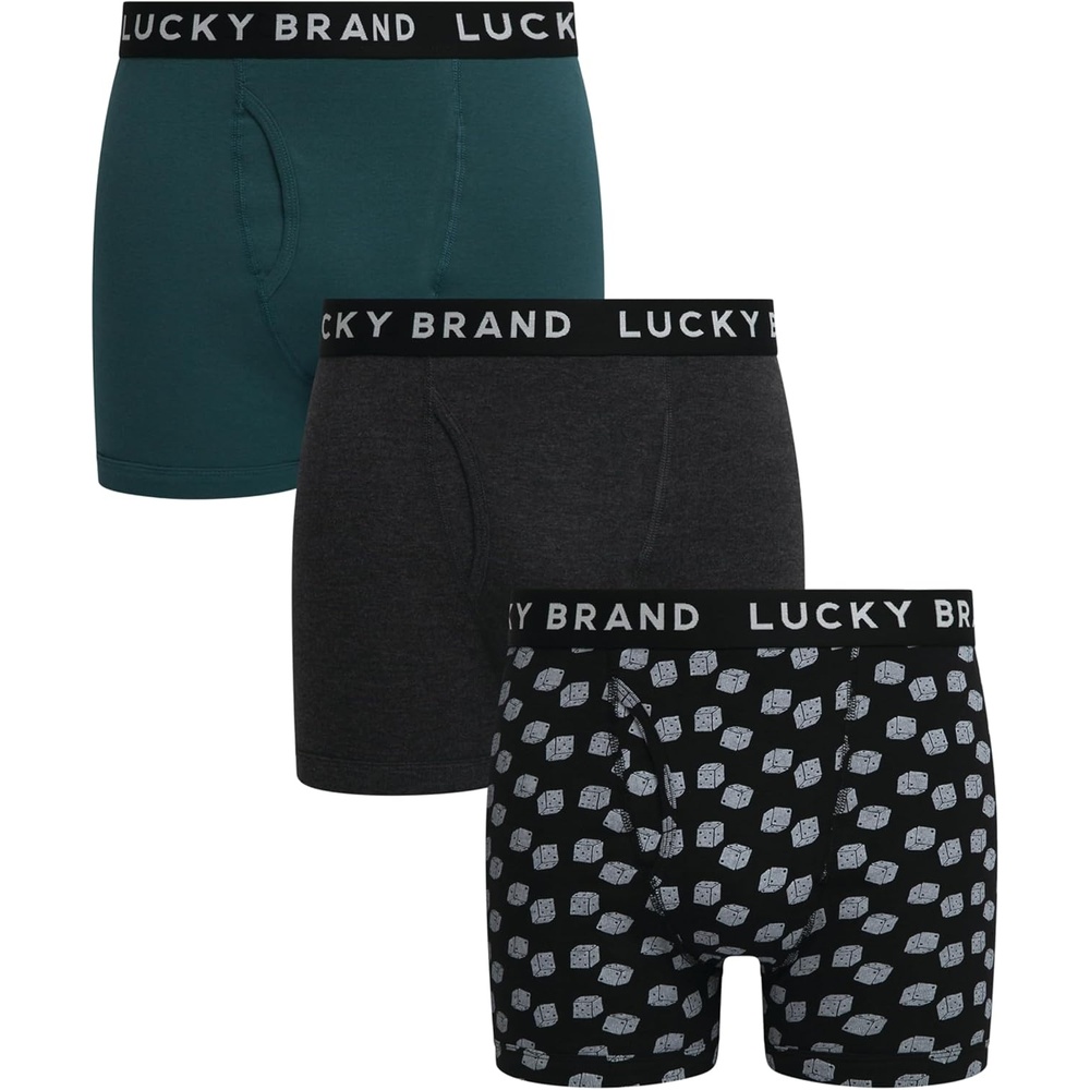 image:imageLucky Brand Mens Underwear Boxer Briefs 3 Pack Soft Cotton Blend Boxers for Men with Functional Fly Pouch 6 InseamCharcoal Heather GreyJet Black PrintTeal