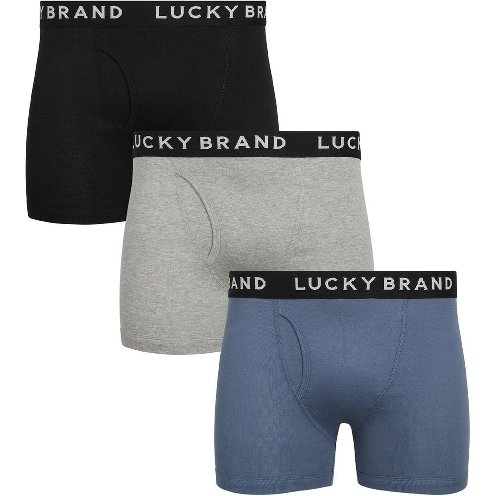 image:imageLucky Brand Mens Underwear Boxer Briefs 3 Pack Soft Cotton Blend Boxers for Men with Functional Fly Pouch 6 InseamGreyBlackNavy